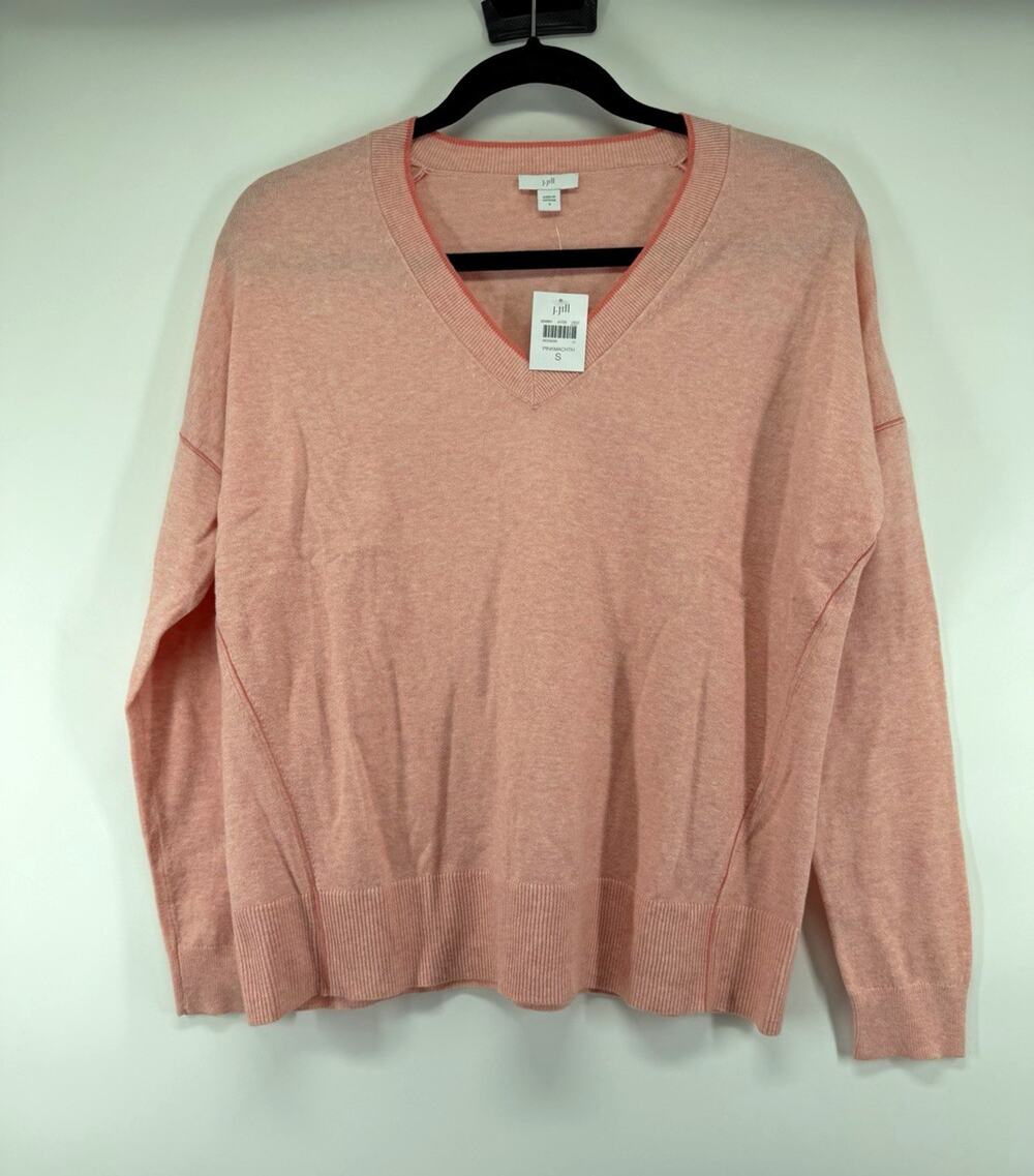 J. Jill Pink V-Neck Knit Sweater Long Sleeve Relaxed Fit Tipped Small NWT